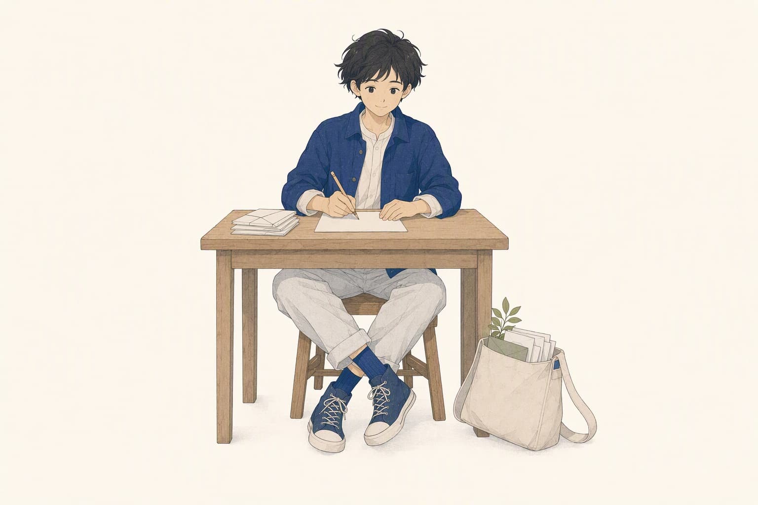 Tomoe at a small wooden desk, writing on a sheet of paper.